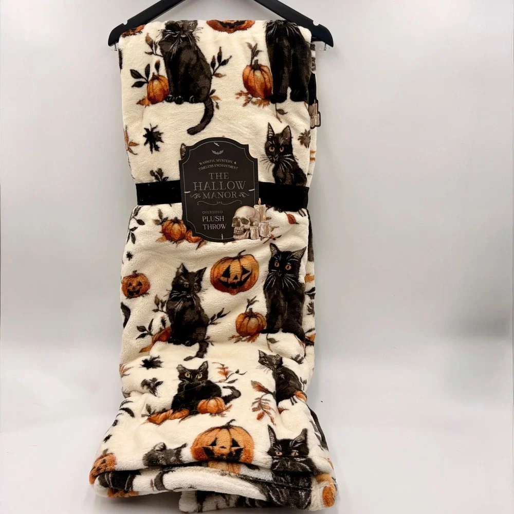 The Hallow Manor Black Cat Pumpkin Oversized Plush Throw Blanket 60x70 Halloween